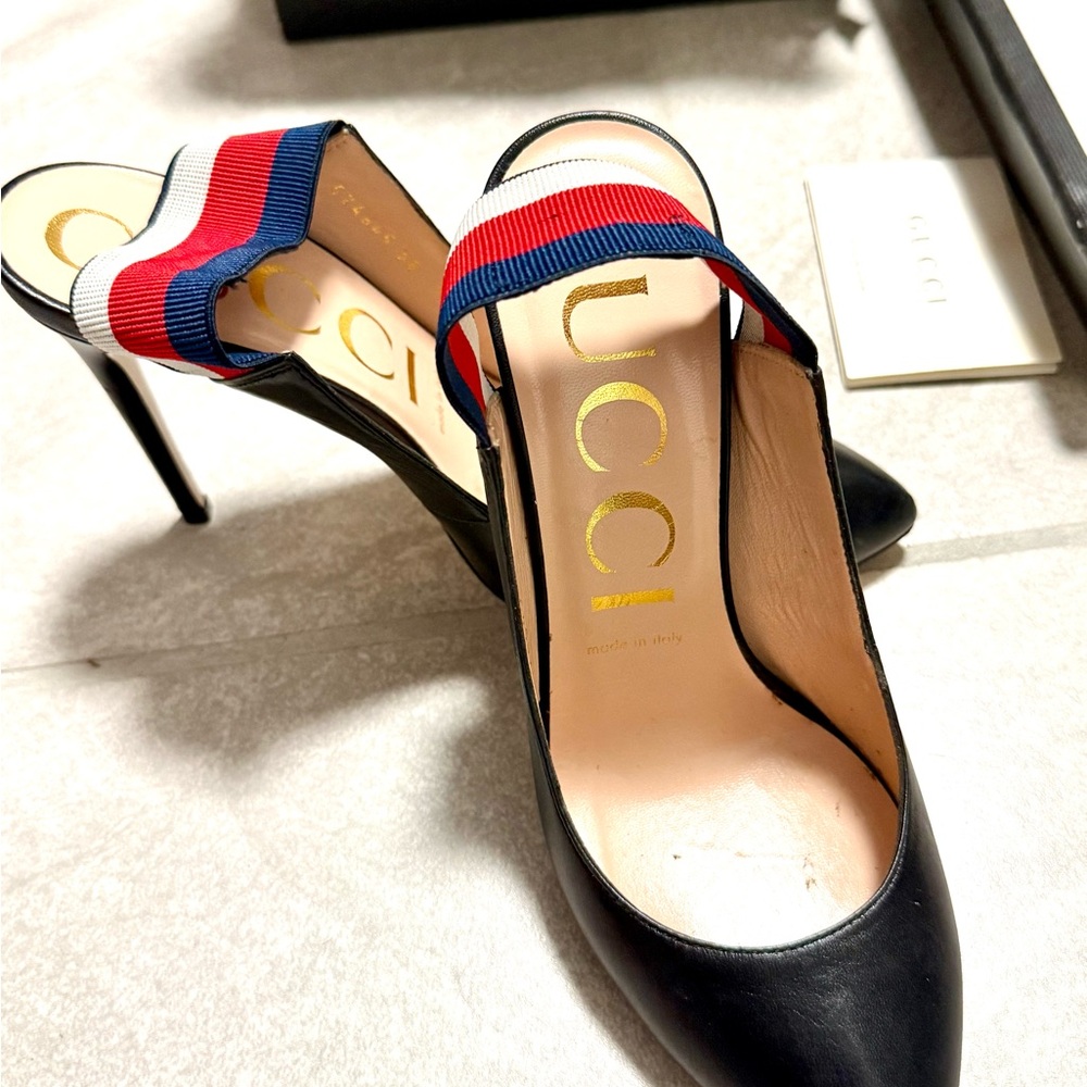 Gucci Black Heels with Red and Blue Accents
